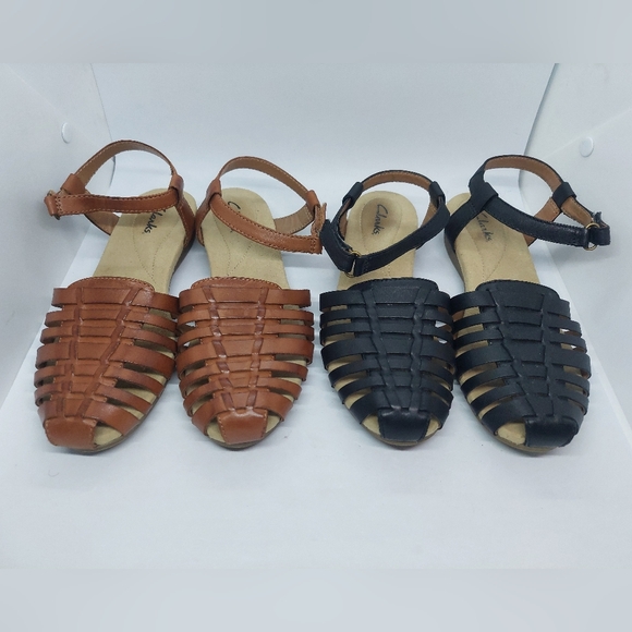 Clarks Jaina Canary Huarache Sandals Brown Black Woven Leather Women's Size 7M - Picture 1 of 16